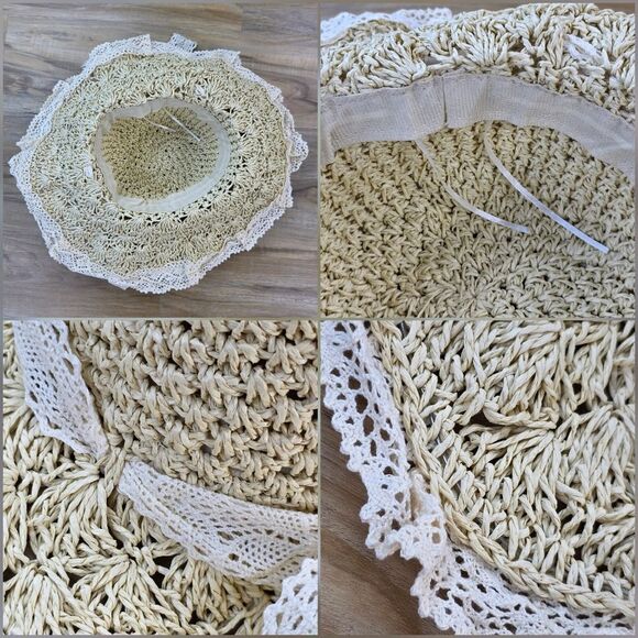 🔸️⏭️NWT Cream Wide Brim Ruffled Lace Straw Hat - Picture 12 of 13